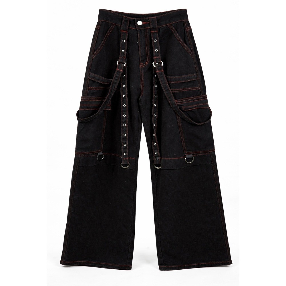 Tripp NYC Super Stud‎ Bondage Pants Black Red Stitch Strap Cargo Wide Leg Goth